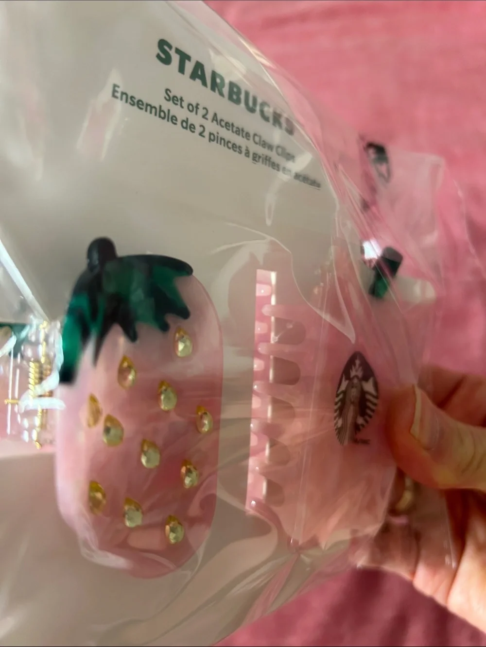 Starbucks Summe Pink Strawberry & Drink Acetate Claw Clip Set with Green Accents